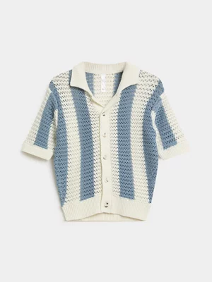 Exact Younger Boys Blue And White Striped Knit Golfer