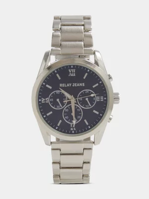 Relay Jeans Men's Metal Link Navy Dial Silver Watch