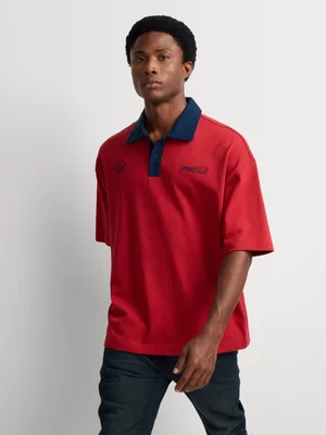 Markham Men's Boxy HeavyWeight Contrast Collar Red Golfer