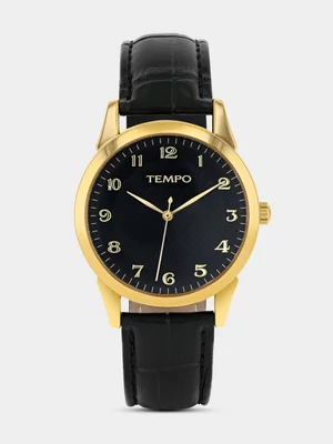 Tempo Gold Plated Black Dial Black Leather Watch