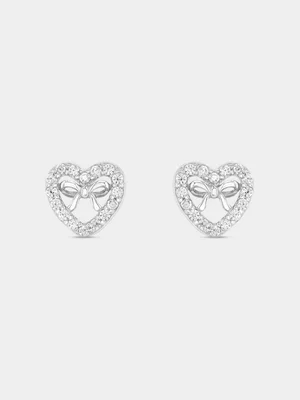 Sterling Silver Cubic Zirconia Heart Bow Stud Earrings 