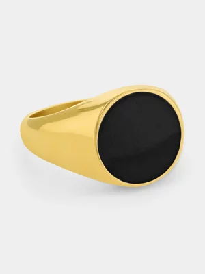 Gold Plated Stainless Steel Black Inlay Round Signet Ring