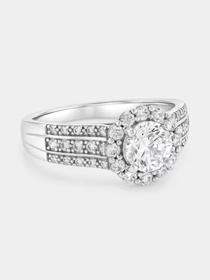 Sterling Silver Cubic Zirconia Flower Halo Ring 