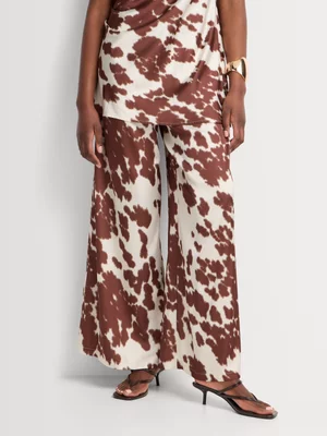 Satin Cow Print Wide Leg Pants