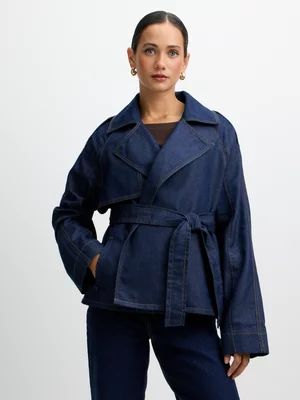 Exact Women's Raw Dark Wash Cropped Trench Denim Jacket 