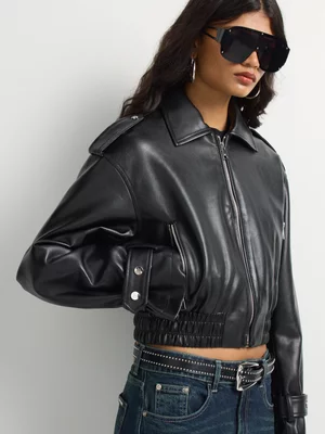 Pleather Collar Cropped Bomber Jacket
