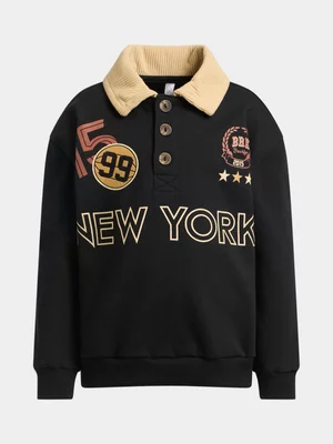 Exact Older Boy's Black Graphic Polo Sweat Top