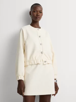 Collarless Boucle Bomber Jacket