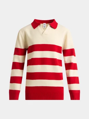 Jet Younger Boys Red Cream Collar Stripe Knitwear