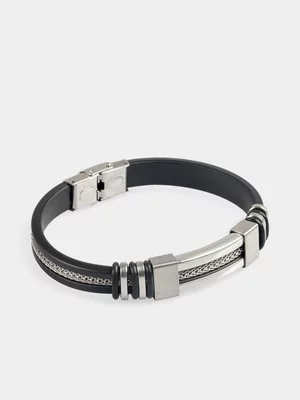 Markham Men's Trim Single Wrist Rubber and Mesh Metal Black Bracelet