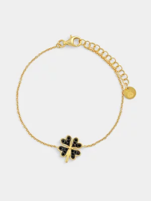 Gold Plated Sterling Silver Black Cubic Zirconia Heart Clover Bracelet 