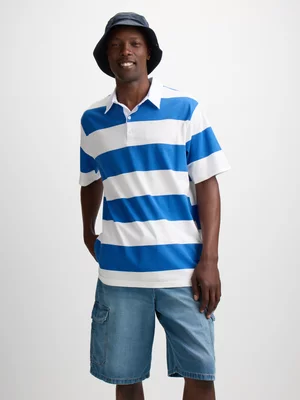 Jet Men's Ecru & Blue Stripe Golfer