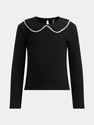 Exact Older Girl's Black Rib Peterpan Collar Top 