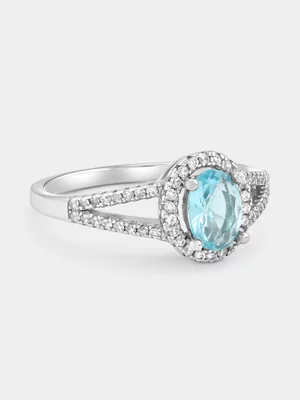 Sterling Silver Aquamarine Cubic Zirconia Oval Halo Ring