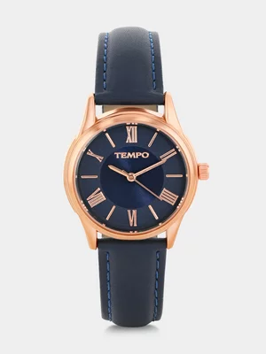 Tempo Rose Plated Navy Dial Navy Leather Watch 