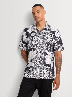 Markham Men's Relaxed Fit Printed Black/Grey Viscose Shirt