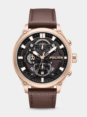 Police Wadden Rose Plated Stainless Steel Brown Leather Chronograph Watch