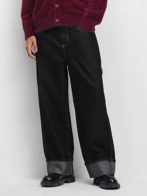 The FIX Men's Black Wash Baggy Carpenter Turn Up Denim Jeans