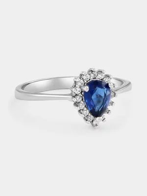 Sterling Silver Sapphire Blue Cubic Zirconia Pear Halo Ring