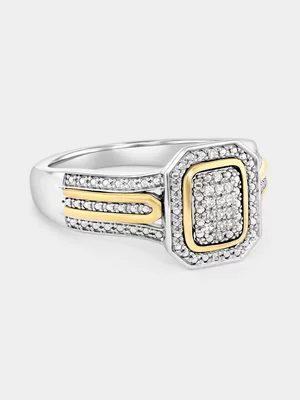 Yellow Gold & Sterling Silver Diamond Rectangle Halo Ring   