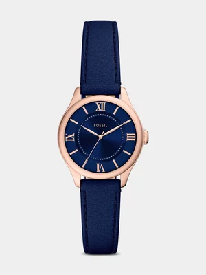 Fossil Gilmore Rose Plated Stainless Steel  Blue Leather Watch