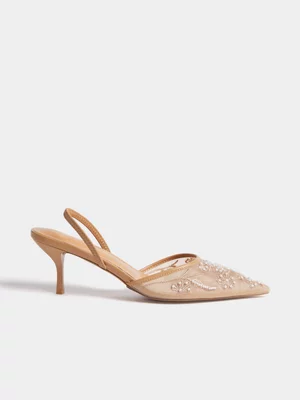 Mesh Pearl Detail Pointy Sling Back 