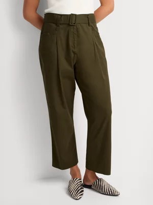 Cotton Belted Waist Tapered Leg Pants