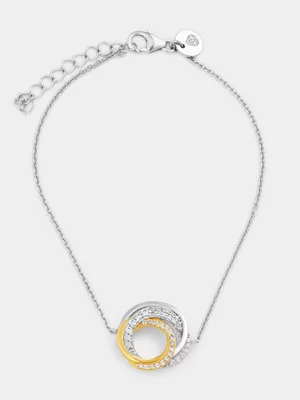 Gold Plated Sterling Silver Cubic Zirconia Two-Tone Overlay Circle Bracelet 