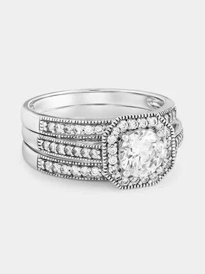 Cheté Sterling Silver Cubic Zirconia Cushion Halo Triple Set Ring