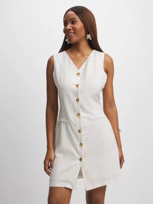 Exact Women's White & Natural Striped Button Through Dress