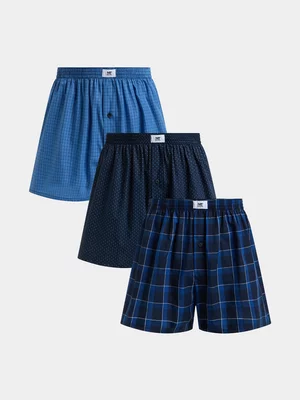 Markham Men's 3 Pack Woven Check Mocro Blue Boxer