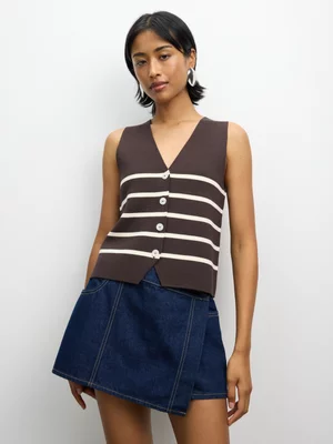 The FIX Women's Chocolate Co-ord Knit Set V-Neck Stripe Top 
