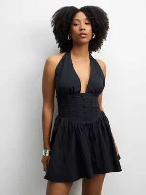 The FIX Women's Black Cotton Poplin Mini Halter Dress