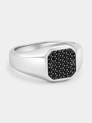 Sterling Silver Black Spinel & Diamond Cushion Pavé Ring