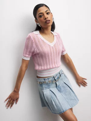 The FIX Women's Pink Crochet Golfer Top