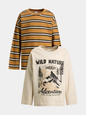 Jet Younger Boys 2 Pack Stone And Brown Stripe Long Sleeve T-shirts