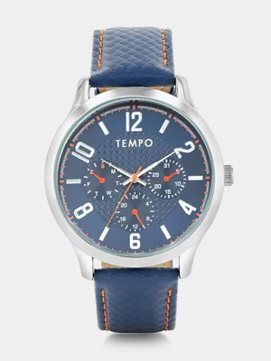 Tempo Silver Plated Blue Dial Blue Leather Watch 