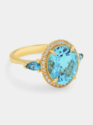Yellow Gold Lab Grown Diamond Sky Blue Topaz Oval Halo Ring