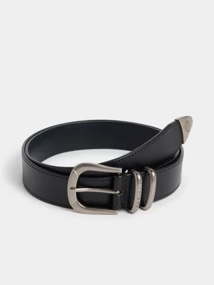 Fabiani Men’s Black Leather Western Metal Trim Belt 