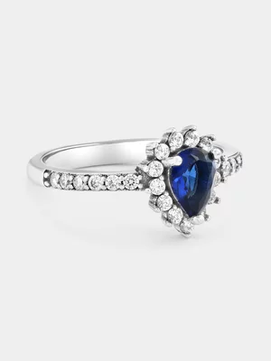Sterling Silver Sapphire Blue Cubic Zirconia Pear Halo Ring