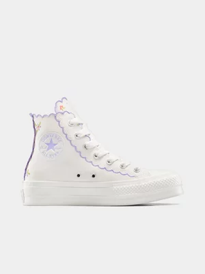 Converse Womens Chuck Taylor All Star Embroided Floral White/Purple Platform Sneakers 