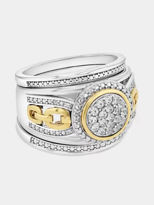Yellow Gold & Sterling Silver White Sapphire Round Chain Triple Set Ring  