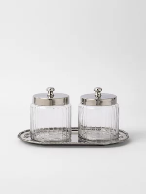 Grace Ribbed Glass Jars On Tray Set of 2 Silver