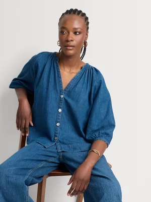 FF Denim Puff Sleeve Blouse