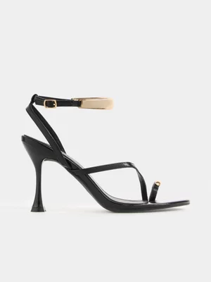The FIX Women's Black Gold Ankle Trim Toe Post Heel Sandal