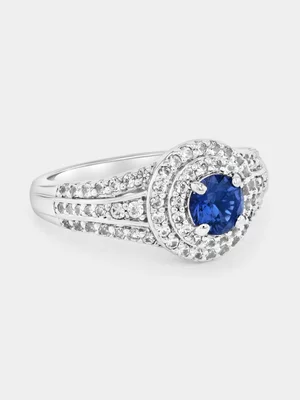 Cheté Sterling Silver Blue Cubic Zirconia Round Double Halo Ring   