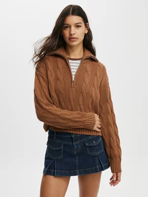 Women's Cotton On Brown Cotton Cable Half Zip Pullover
