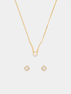 14ct Gold Plated Mother Of Pearl Clover Pendant & Earrings Set