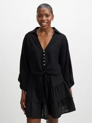 Jet Women's Black Tie Button Sleeved Top