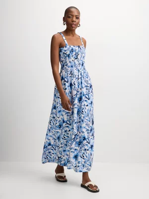 Exact Women's Blue Floral Print Shirred Sundress